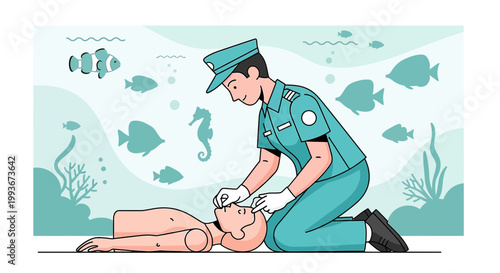 CPR Training: Rescuer Performs Life Support on Mannequin in Underwater Aquarium Setting