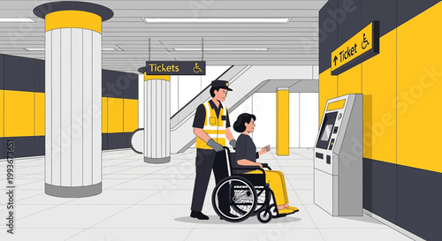 Disabled passenger in wheelchair assisted by attendant at ticket machine in transport hub