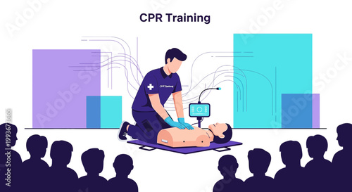 CPR Training Session: Instructor Demonstrates Chest Compressions on Manikin to Audience