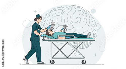 Nurse Pushing Patient on Stretcher Past Giant Brain Illustration