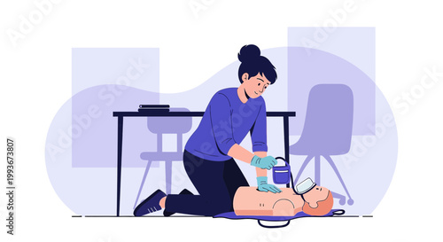 CPR Training: Woman Performing Cardiopulmonary Resuscitation on Mannequin