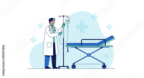 Doctor Adjusts IV Drip Next to Hospital Bed, Medical Care Concept