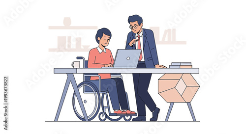 Diverse team collaborating in office: person in wheelchair and colleague at desk with laptop