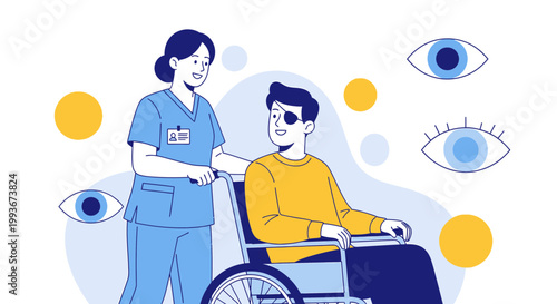Nurse pushing patient with eye patch in wheelchair, eye care concept, medical assistance
