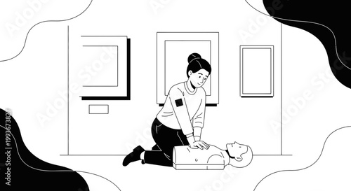 CPR training: woman performing chest compressions on a dummy in an art gallery