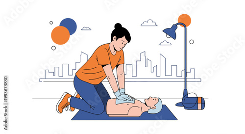 CPR Training: Woman performing chest compressions on a dummy, city skyline background