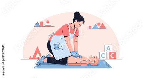 CPR Training: Woman performing chest compressions on a dummy, first aid education concept