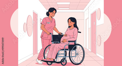 Nurse pushing pregnant woman in wheelchair down hospital corridor, pink theme