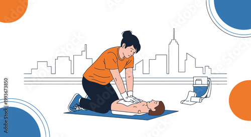 CPR Training: Woman performing chest compressions on a manikin, cityscape background