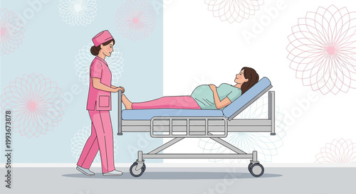 Nurse Pushing Pregnant Woman on Hospital Gurney, Medical Care and Pregnancy Journey