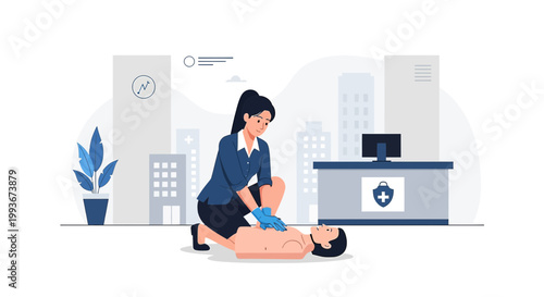 CPR Training: Woman performing chest compressions on CPR dummy in modern office setting