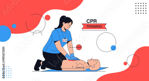 CPR Training: Woman performing chest compressions on CPR dummy, medical emergency simulation
