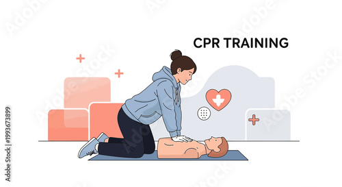 CPR Training: Woman performing chest compressions on dummy, medical emergency, life saving