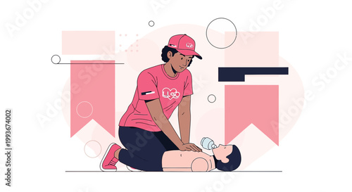 CPR training: woman performs chest compressions on man lying down, illustration
