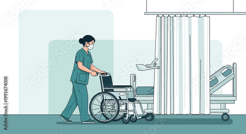 Nurse pushing wheelchair next to hospital bed and privacy curtain in medical facility