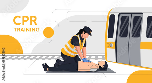 CPR Training on Train Station Platform: Rescuer Performs Chest Compressions on Mannequin