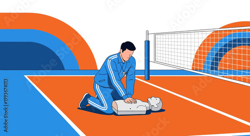 CPR Training on Volleyball Court: Lifeguard Performs Resuscitation on Mannequin