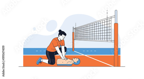 CPR training on volleyball court: woman performs resuscitation on dummy near net