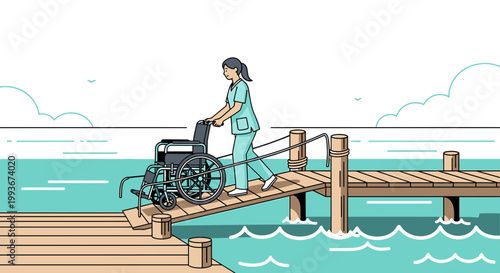 Nurse Pushing Wheelchair on Accessible Dock Over Water, Healthcare Accessibility Concept