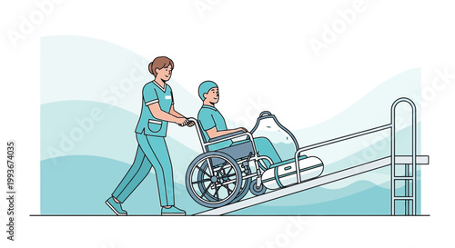 Nurse Pushing Wheelchair Patient Up Ramp Towards Pool Lift for Aquatic Therapy