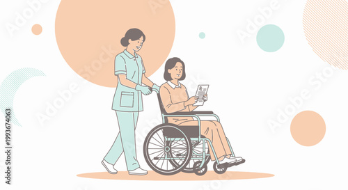 Nurse Pushing Wheelchair Patient, Healthcare Assistance, Elderly Care, Medical Support