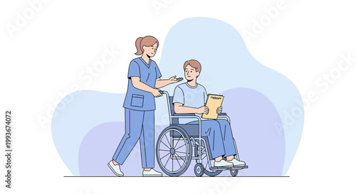 Nurse Pushing Wheelchair Patient, Healthcare Assistance, Medical Care, Rehabilitation