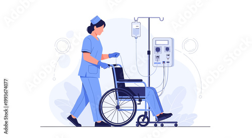 Nurse Pushing Wheelchair Patient with IV Drip and Medical Equipment