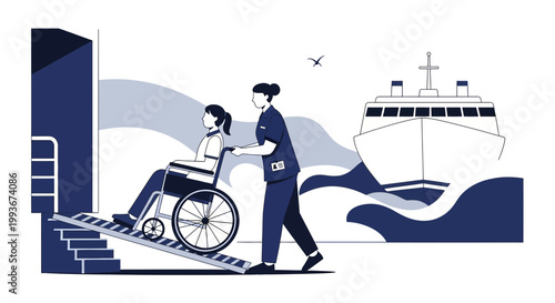 Nurse Pushing Wheelchair Person Up Ramp Onto Ship for Accessible Travel