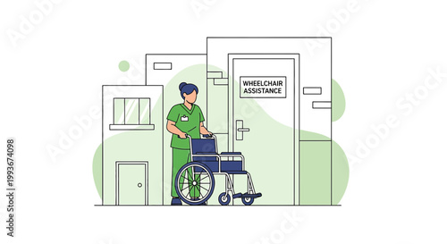Nurse pushing wheelchair towards building entrance with "Wheelchair Assistance" sign