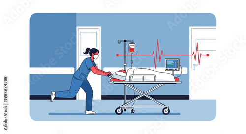 Nurse Rushing Patient on Stretcher in Emergency Room with Vital Signs Monitor