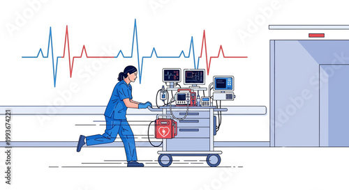 Nurse Rushing with Medical Equipment Cart During Emergency