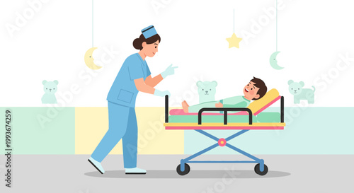 Nurse Tending to Child Patient on Stretcher in Pediatric Ward