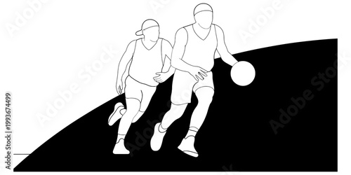 Two basketball players running down the court while dribbling the ball in this black and white line art image. Vector, illustration