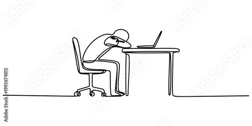 A single continuous line drawing of a person feeling exhausted while sitting at a desk with a laptop computer. Vector, illustration
