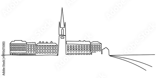 Fotografija A minimalist black and white line art drawing featuring a skyline with a tall church spire and urban buildings