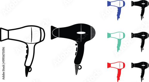 Various hair dryers in different designs and color schemes shown in silhouette and solid forms