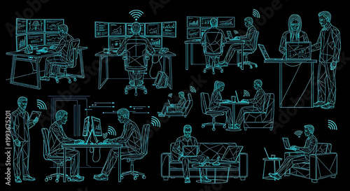 AutoCAD Remote Work Duo Vector Set – Two People Laptop Desktop Multiview Smart Work Poses Cyan Outline on Black Background
