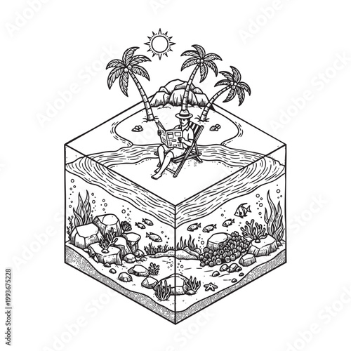 Lush Tropical Island Diorama Inside a Transparent Cube — Miniature Paradise Ink Drawing Vector Art