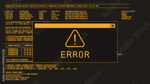 Realistic monochrome amber CRT monitor with horizontal scanlines and big error message window. Yellow color font and realistic hacking UI program on computer with code and ASCII.