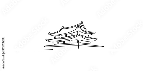 A single continuous line drawing of a traditional japanese pagoda structure isolated on a pure white background. Vector, illustration