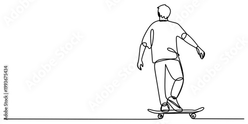 A single continuous line art drawing of a young skater boy balancing on his skateboard on a plain white background Vector, illustration