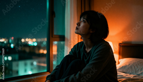 Side view of a young woman sitting on bed and hugging her knees at night, looking up at the starry sky out of a large window with blurry city lights.