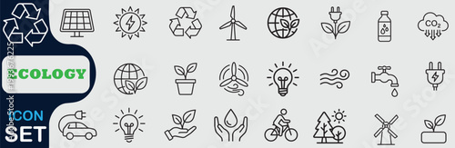 Ecology and sustainable energy line icon set