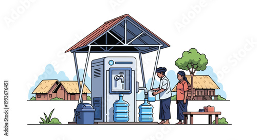 Rural villagers filling water jugs at a community water purification station illustration isolated on white background