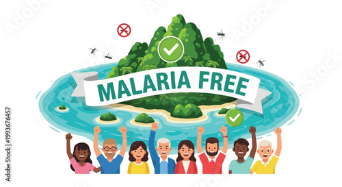 Diverse group of people cheering for a malaria free island destination illustration isolated on white background