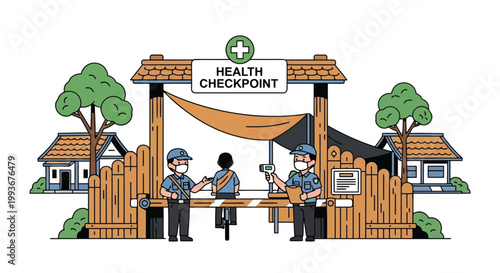 Security officers at a rural health checkpoint scanning temperature of a traveler illustration isolated on white background