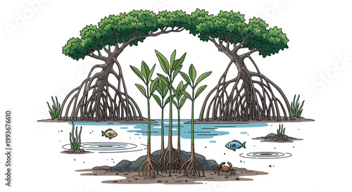 Mangrove forest ecosystem with fish and crabs living among the roots in a shallow water habitat isolated on white background