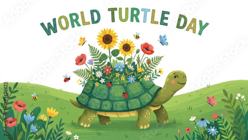 Cute Cartoon Turtle with Sunflowers and Spring Wildflowers in a Green Meadow for Nature Conservation and Ecology Awareness