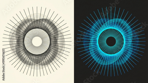 Abstract geometric radial patterns in black and blue with cream and dark backgrounds