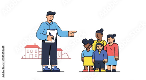 Community health worker educating local group about house sanitation and disease prevention vector isolated on white background